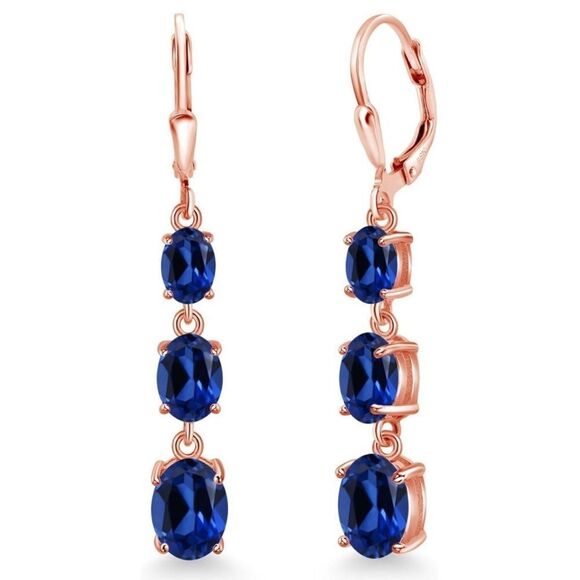 18K Rose Gold with 6.40 Cttw 3 Stone Royal Blue Sapphire Leverback Drop Earrings - Picture 1 of 5
